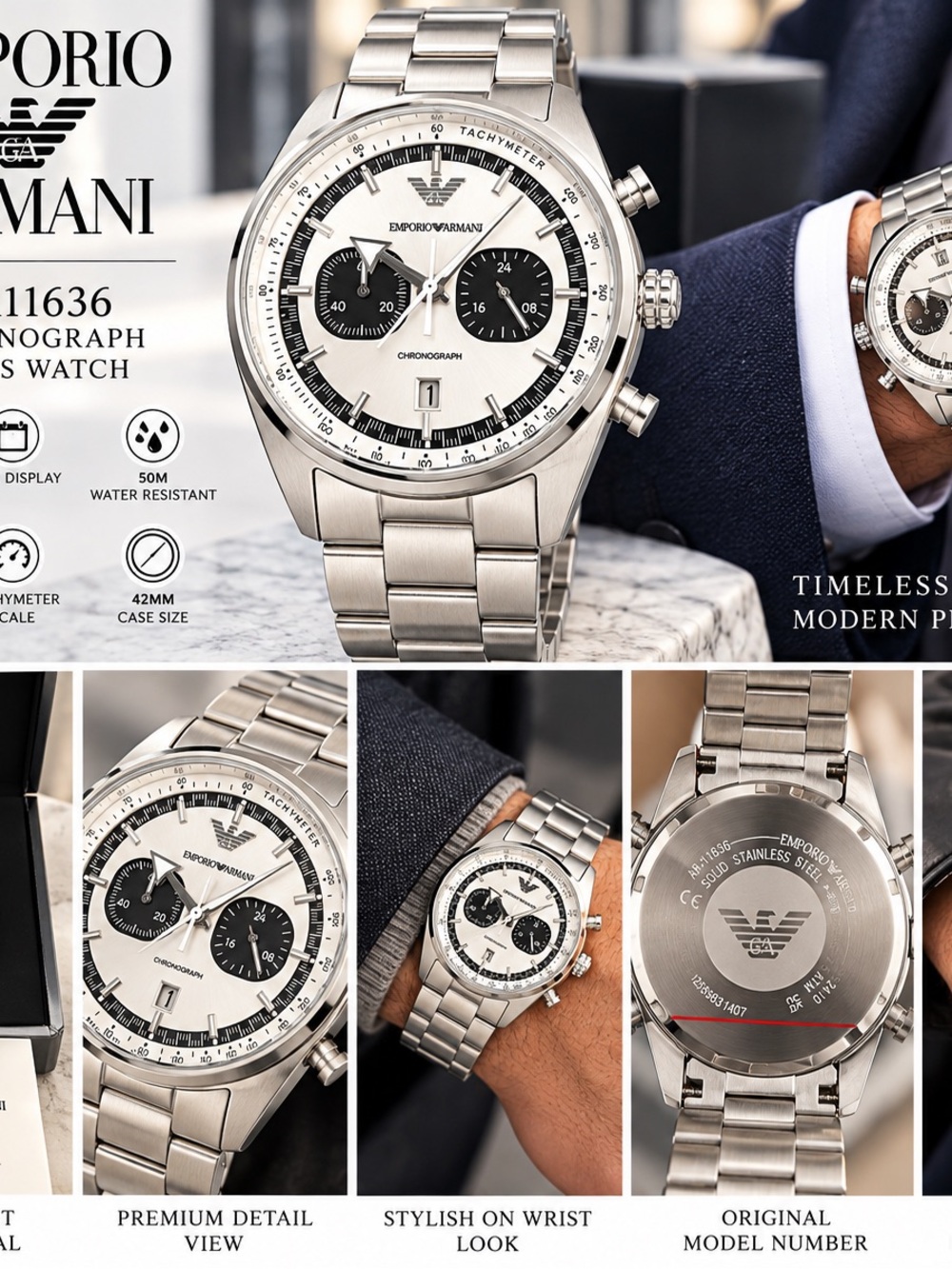 Emporio Armani Men’s Silver and Black Stainless Steel Chronograph Watch